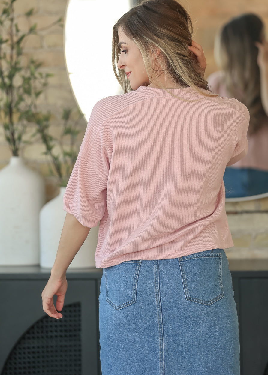 Pink Ribbed Knit Button Front Top