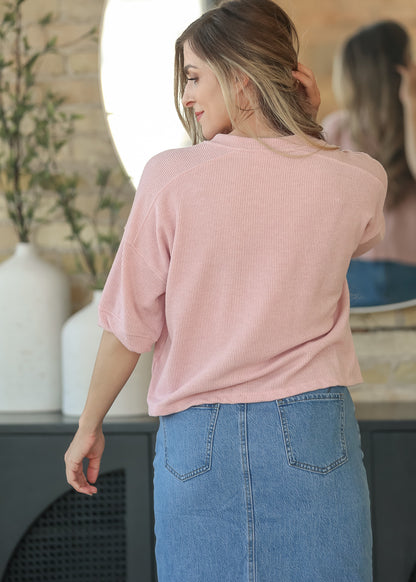 Pink Ribbed Knit Button Front Top