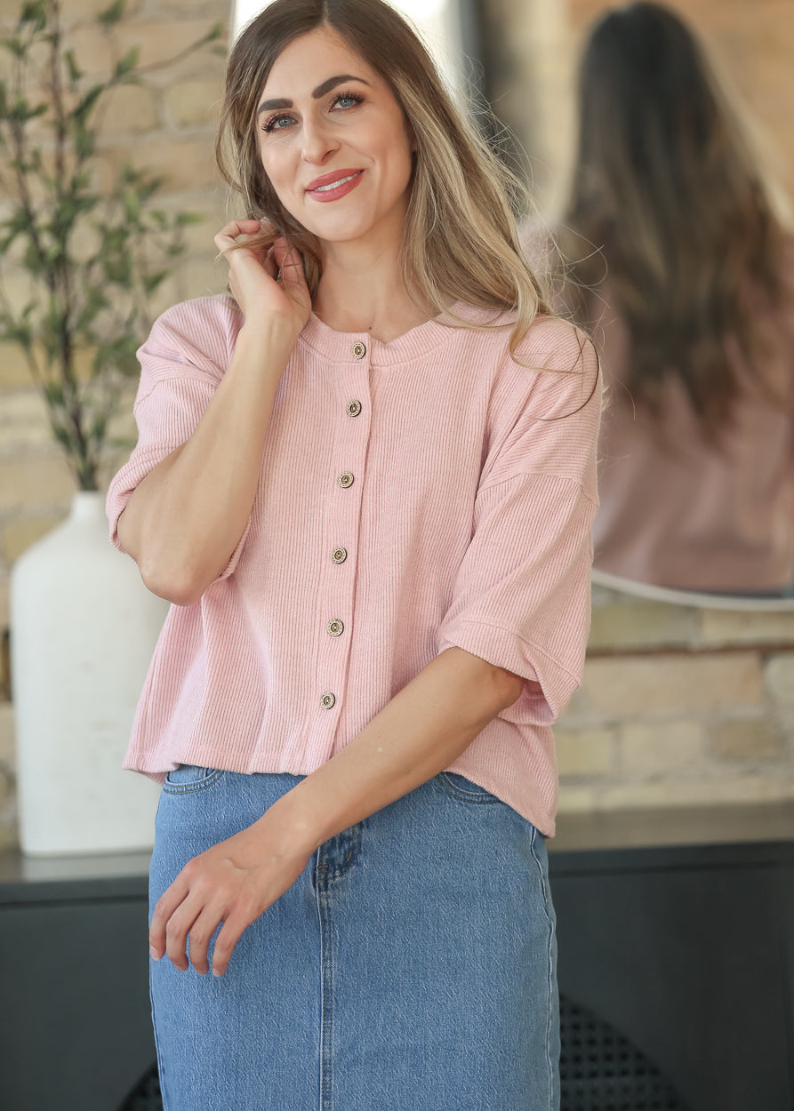 Pink Ribbed Knit Button Front Top