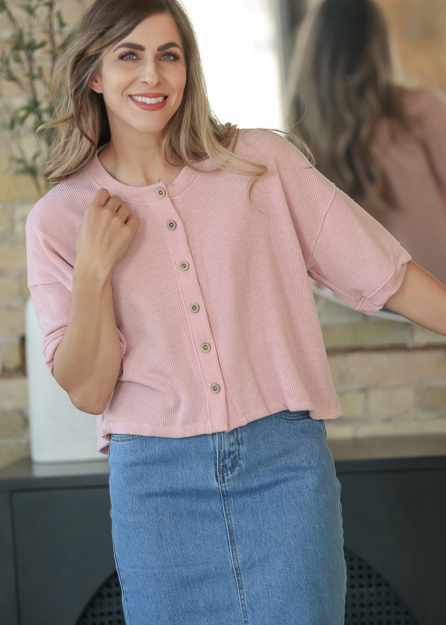 Pink Ribbed Knit Button Front Top
