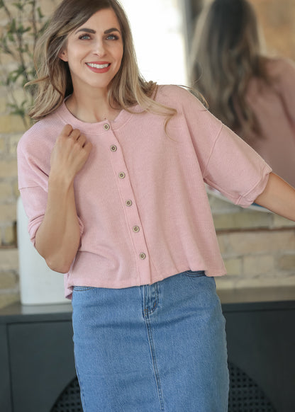 Pink Ribbed Knit Button Front Top