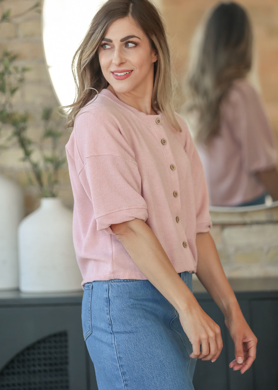 Pink Ribbed Knit Button Front Top