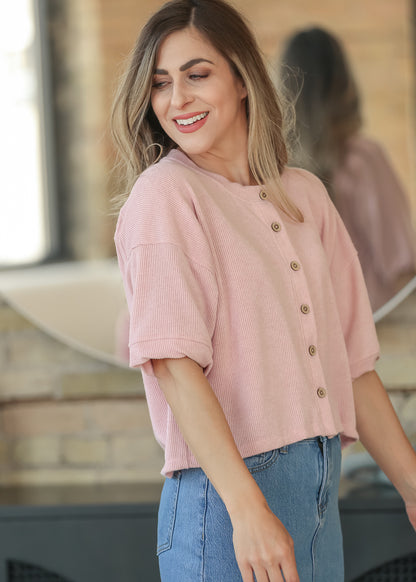 Pink Ribbed Knit Button Front Top