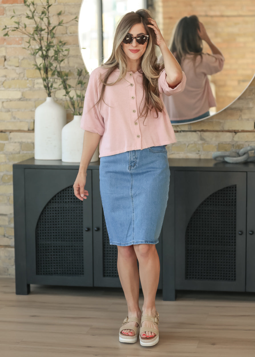 Pink Ribbed Knit Button Front Top