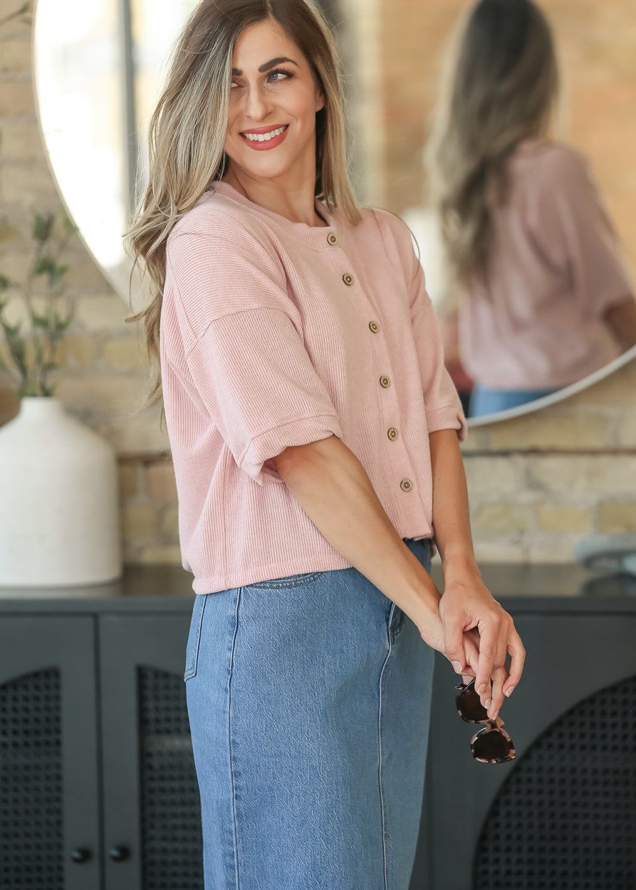 Pink Ribbed Knit Button Front Top
