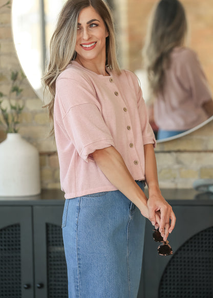 Pink Ribbed Knit Button Front Top
