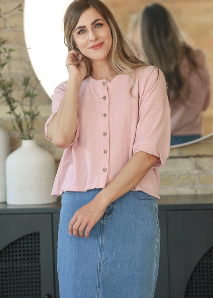 Pink Ribbed Knit Button Front Top