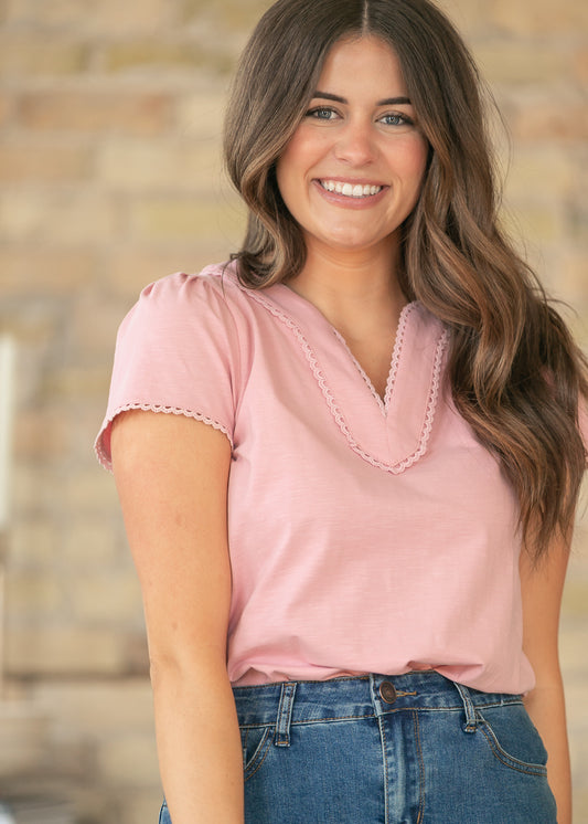 Pink Scalloped Detail V Neck Top