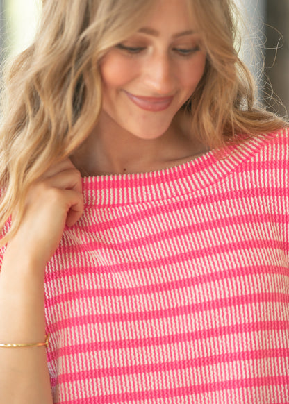 Pink Striped Rib Knit Dolman Top
