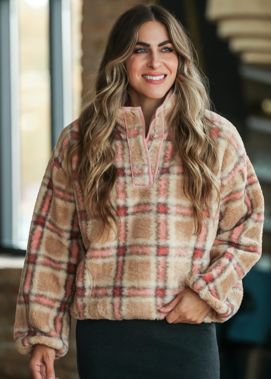 Blush Multi sherpa fleece pullover with high collar and functional snap placket
