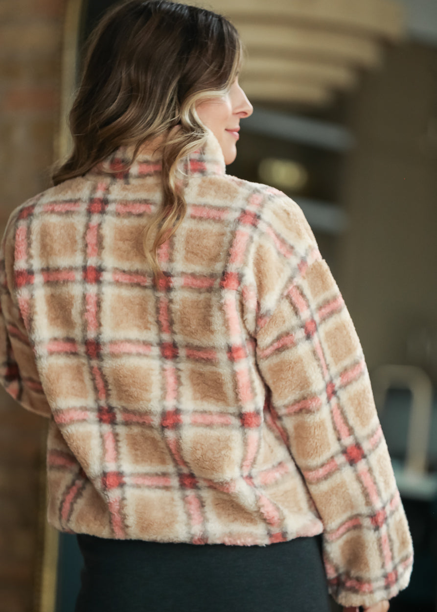 Back of Blush Multi plaid sherpa fleece pullover showing soft textured fleece