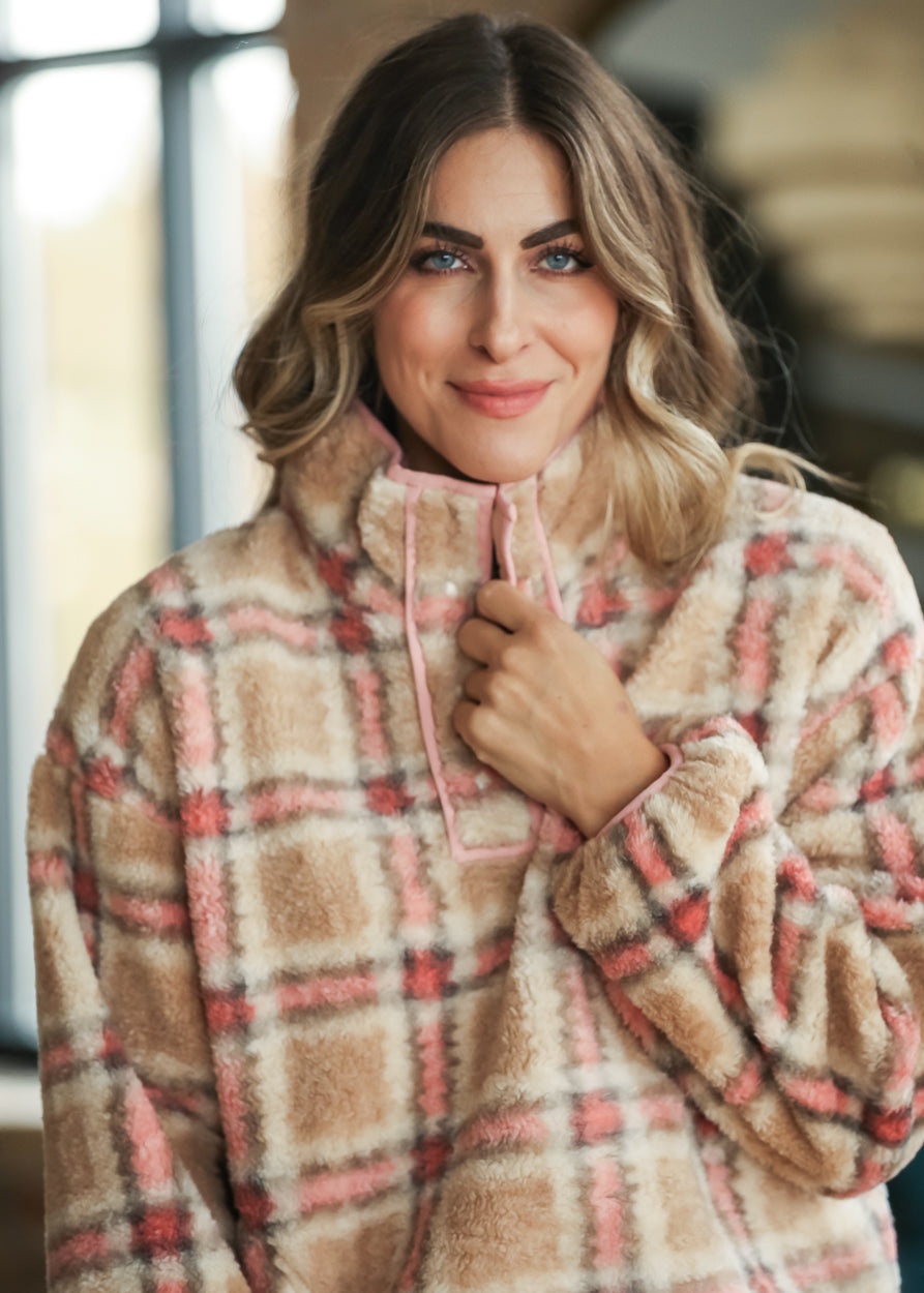 Blush Multi plaid sherpa fleece pullover with high collar and snap neckline