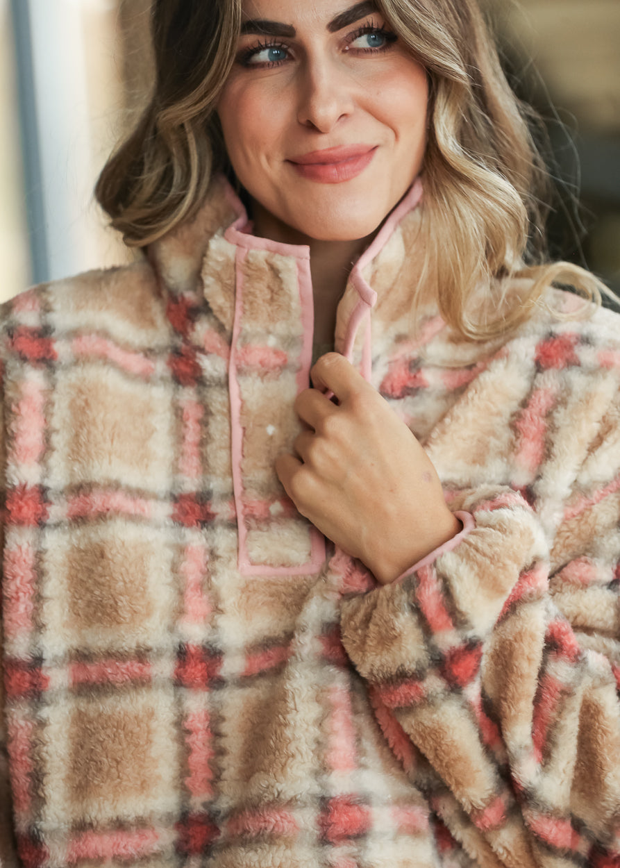 1. Blush Multi sherpa fleece pullover showing high collar and soft plaid texture