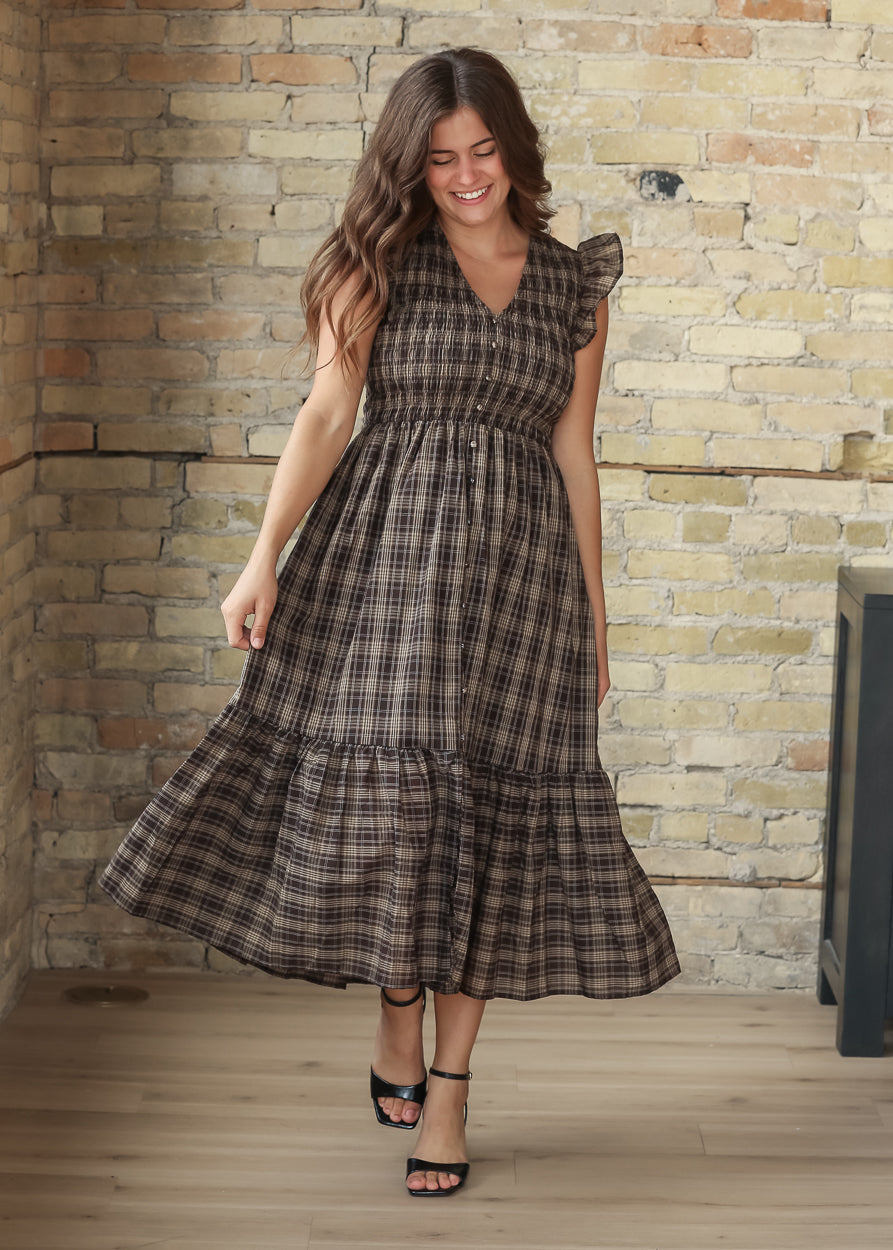 Plaid Smocked V-neck Ruffled Midi Dress FF Dresses