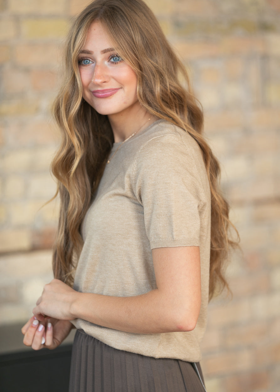 Taupe short sleeve sweater with soft knit texture, crew neckline, and ribbed sleeve trim.