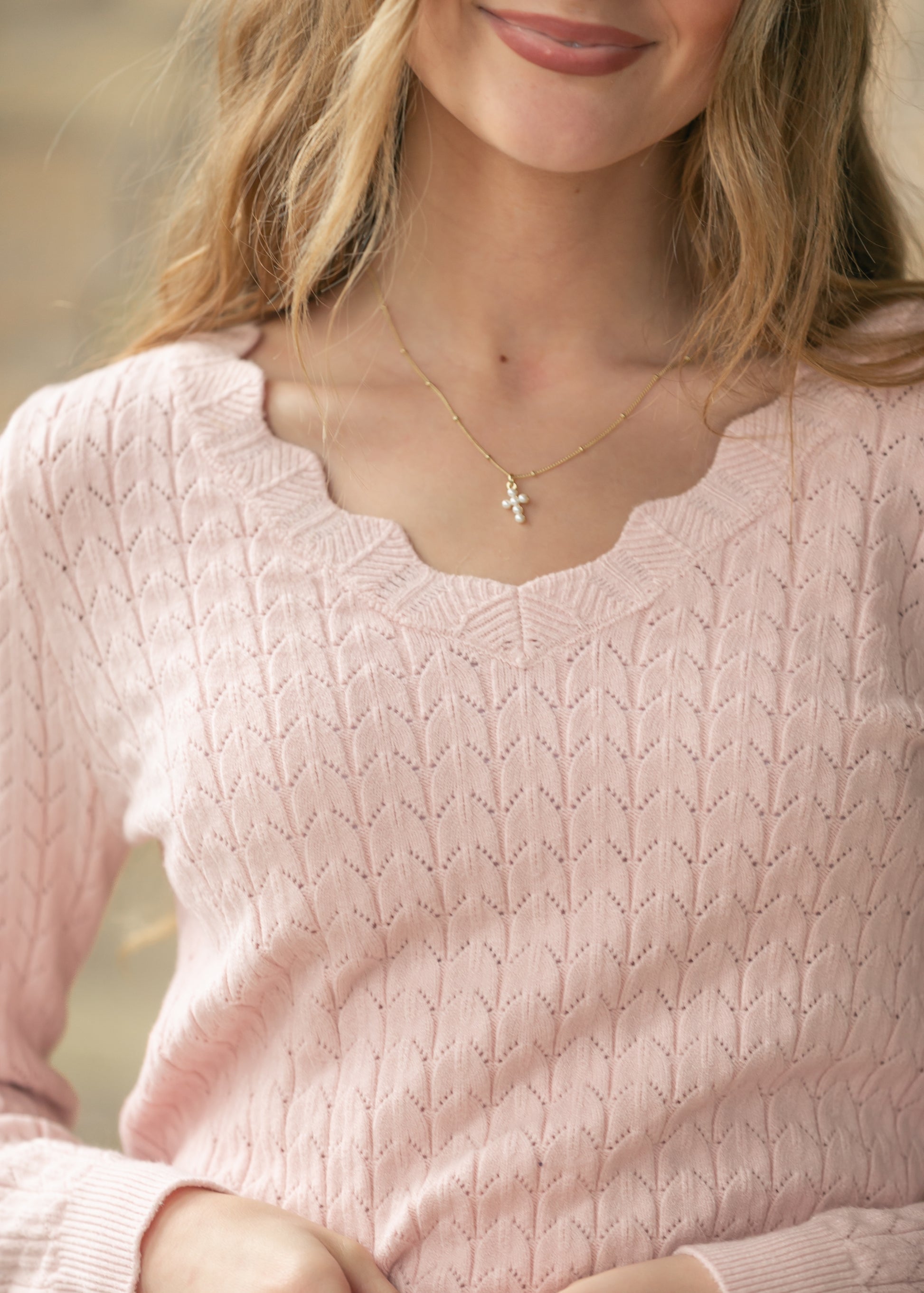 Pointelle Knit V Neck Sweater FF Tops