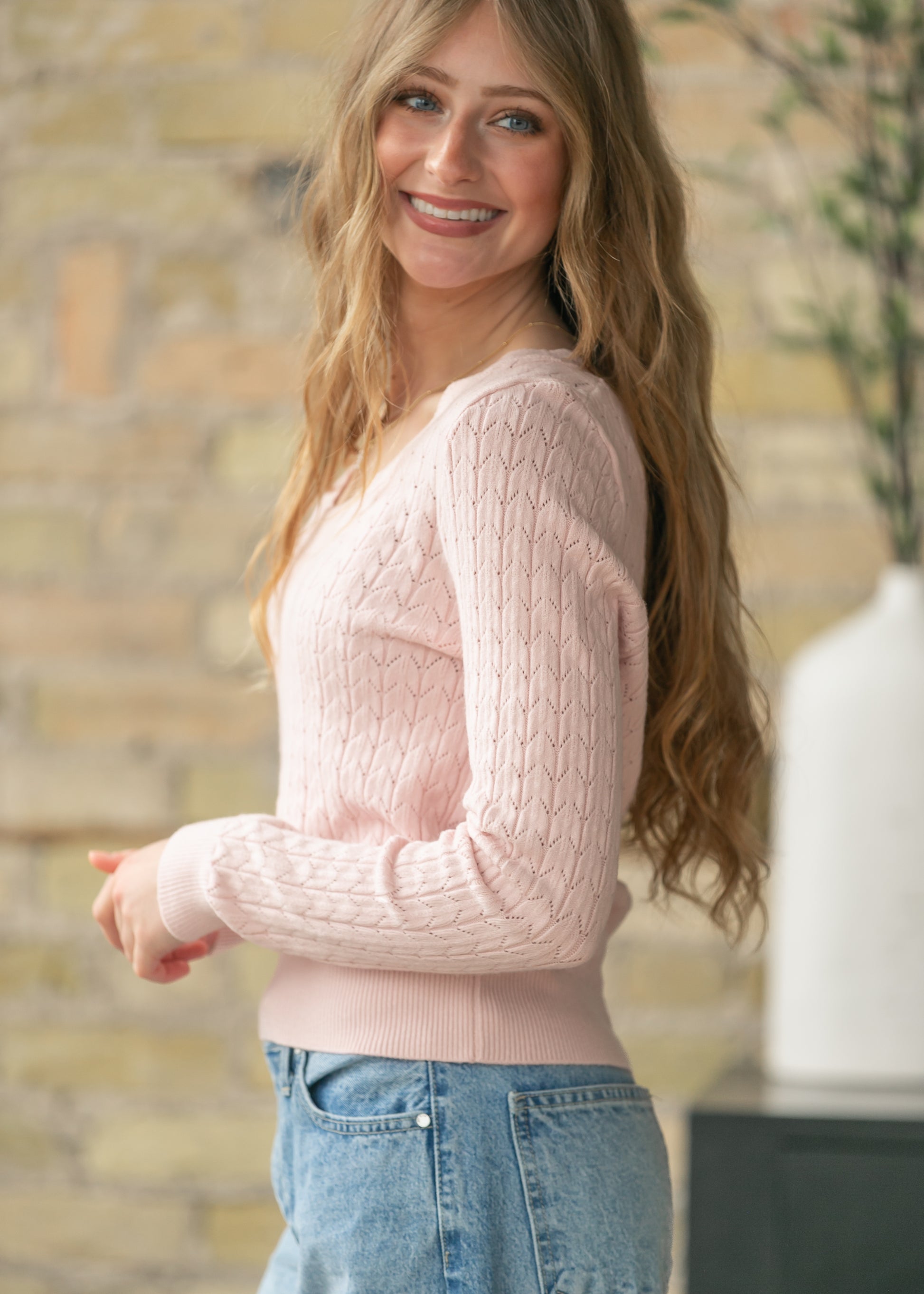 Pointelle Knit V Neck Sweater FF Tops