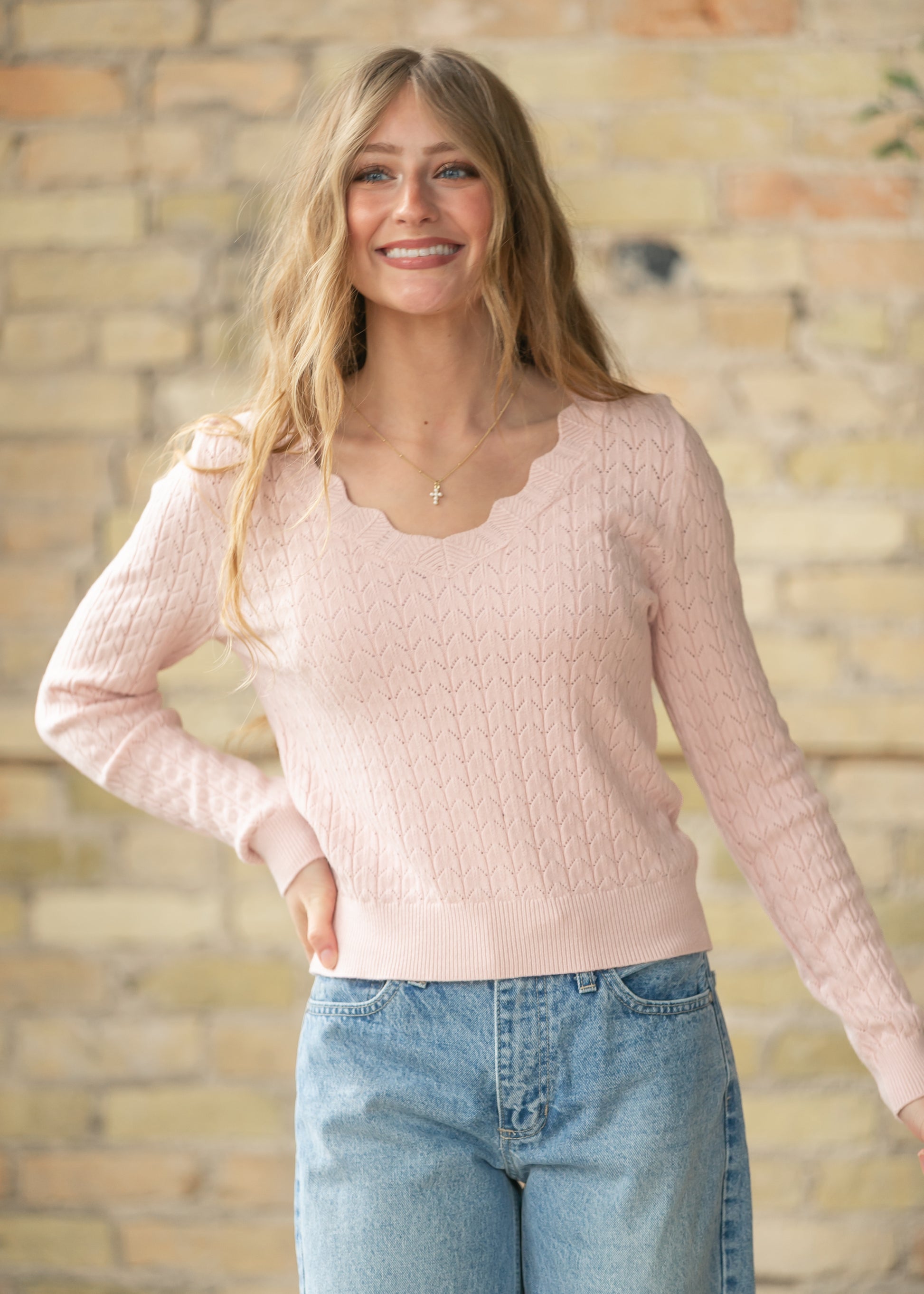 Pointelle Knit V Neck Sweater FF Tops