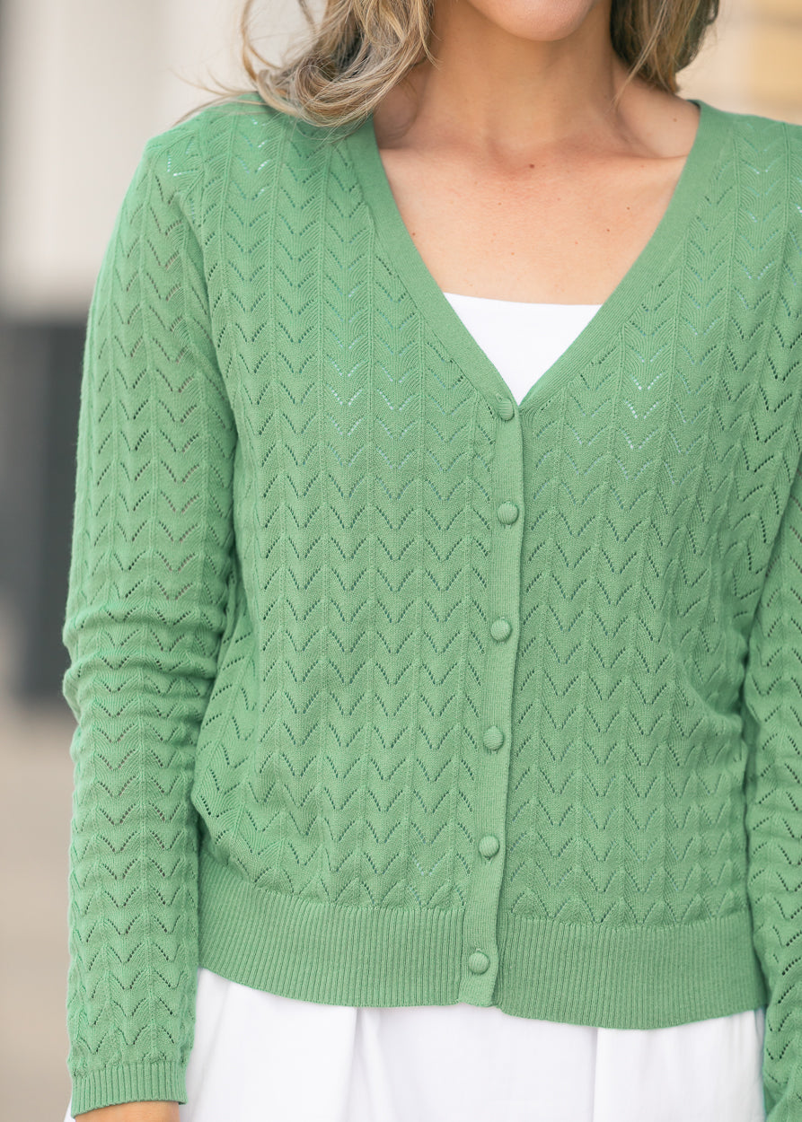 Pointelle knit cardigan with delicate chevron texture and functional buttons