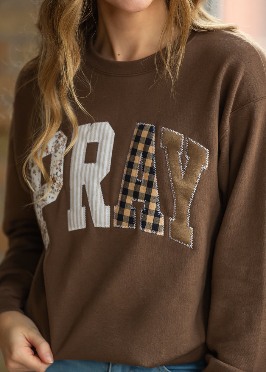 Brown PRAY graphic crewneck sweatshirt with mixed-print stitched lettering