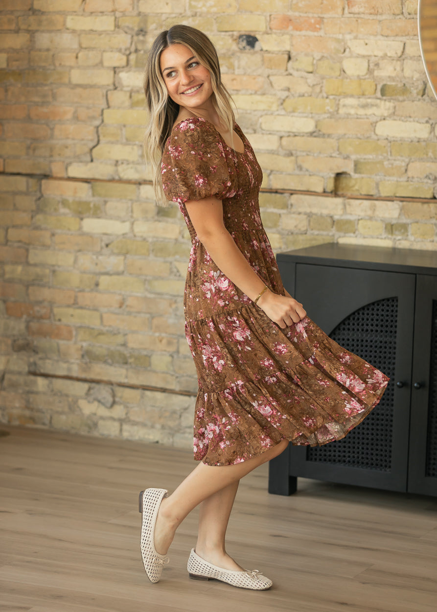 Brown floral chiffon midi dress styled with cream woven flats for an easy feminine look.