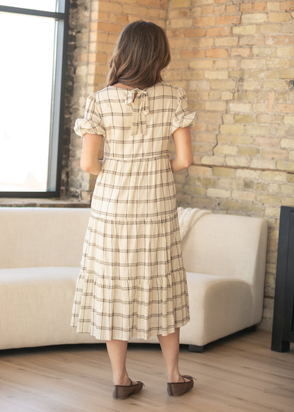 Puff Sleeve Windowpane Maxi Dress