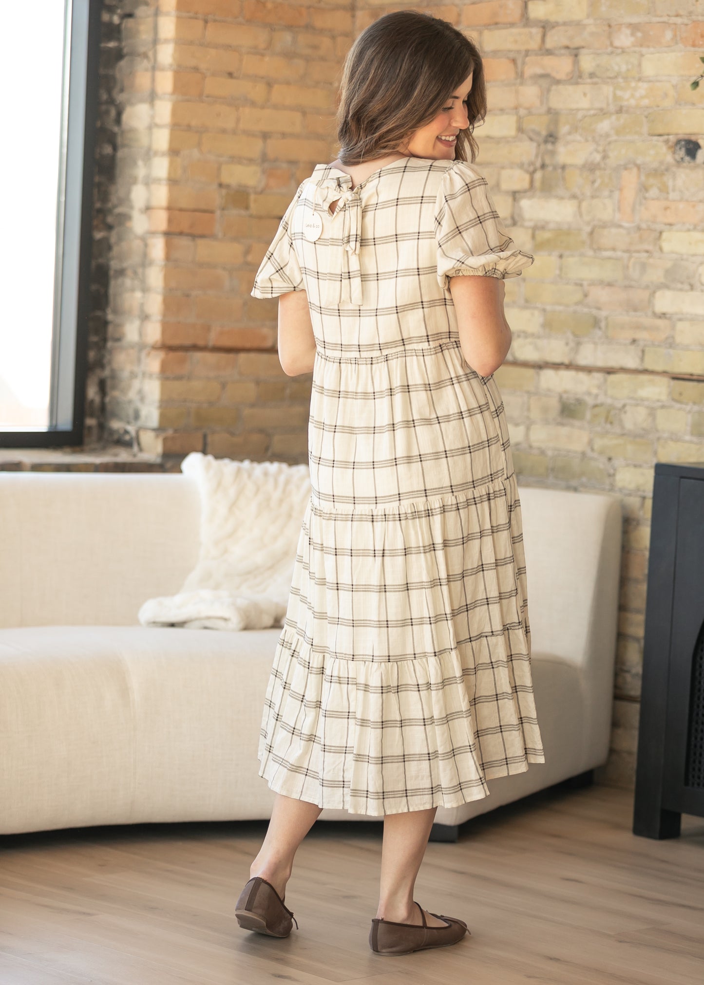 Puff Sleeve Windowpane Maxi Dress