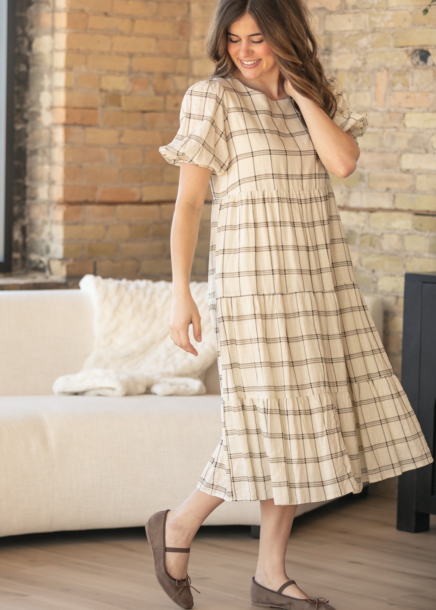 Puff Sleeve Windowpane Maxi Dress