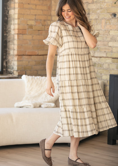 Puff Sleeve Windowpane Maxi Dress