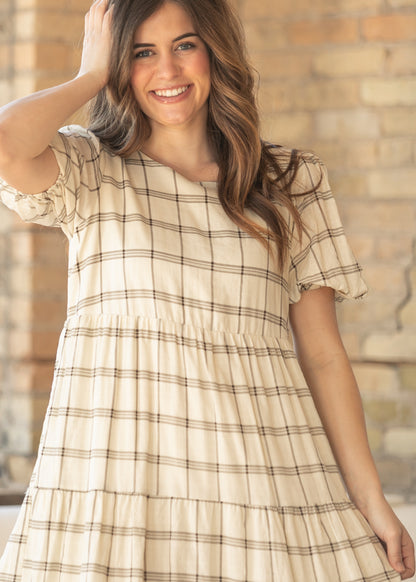 Puff Sleeve Windowpane Maxi Dress