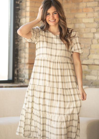 Puff Sleeve Windowpane Maxi Dress