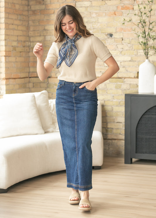 Bria Dark Wash Denim Maxi Skirt