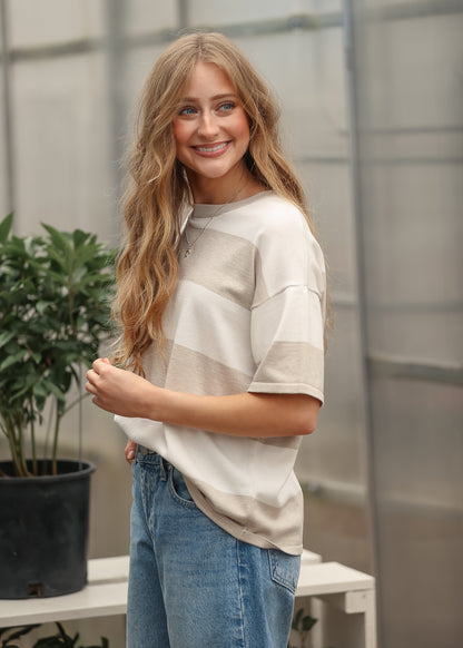Casual relaxed fit striped t-shirt styled with denim