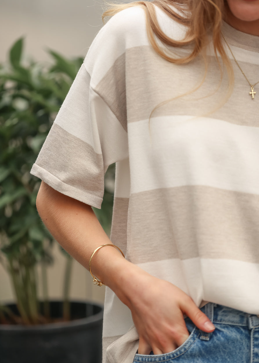 Ivory and taupe striped t-shirt with relaxed everyday fit