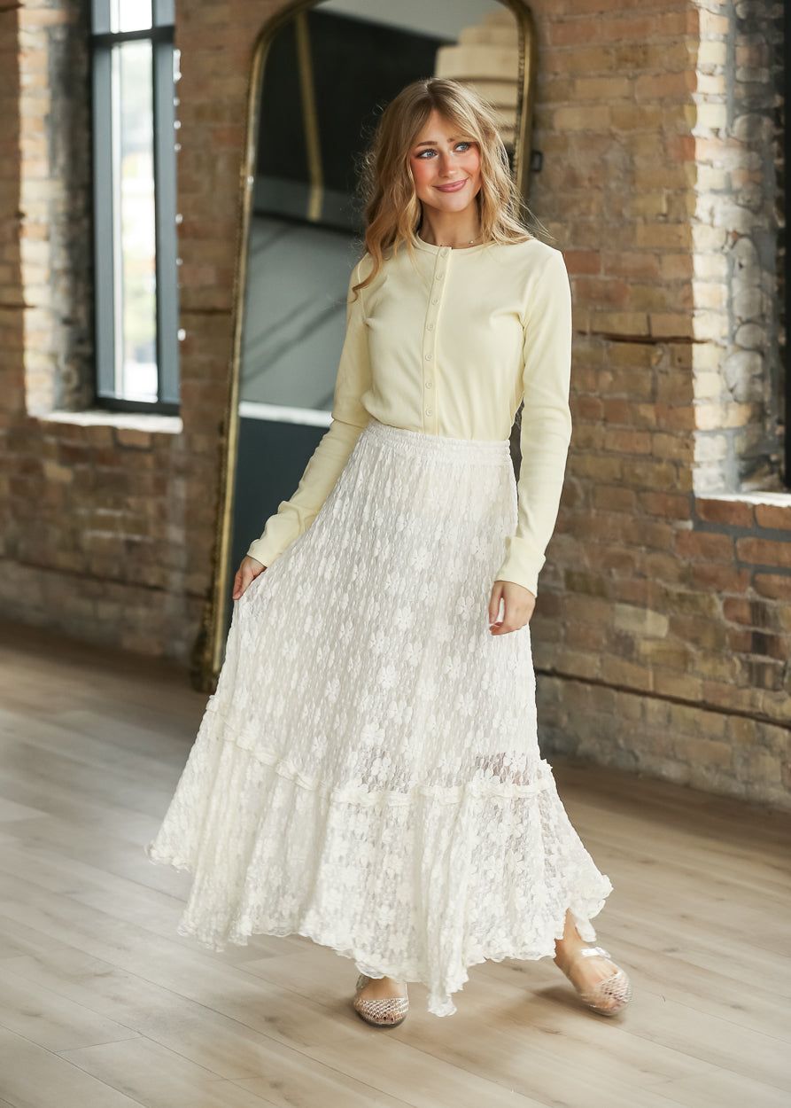 Ivory Floral Lace Midi Skirt
