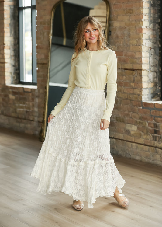 Ivory Floral Lace Midi Skirt