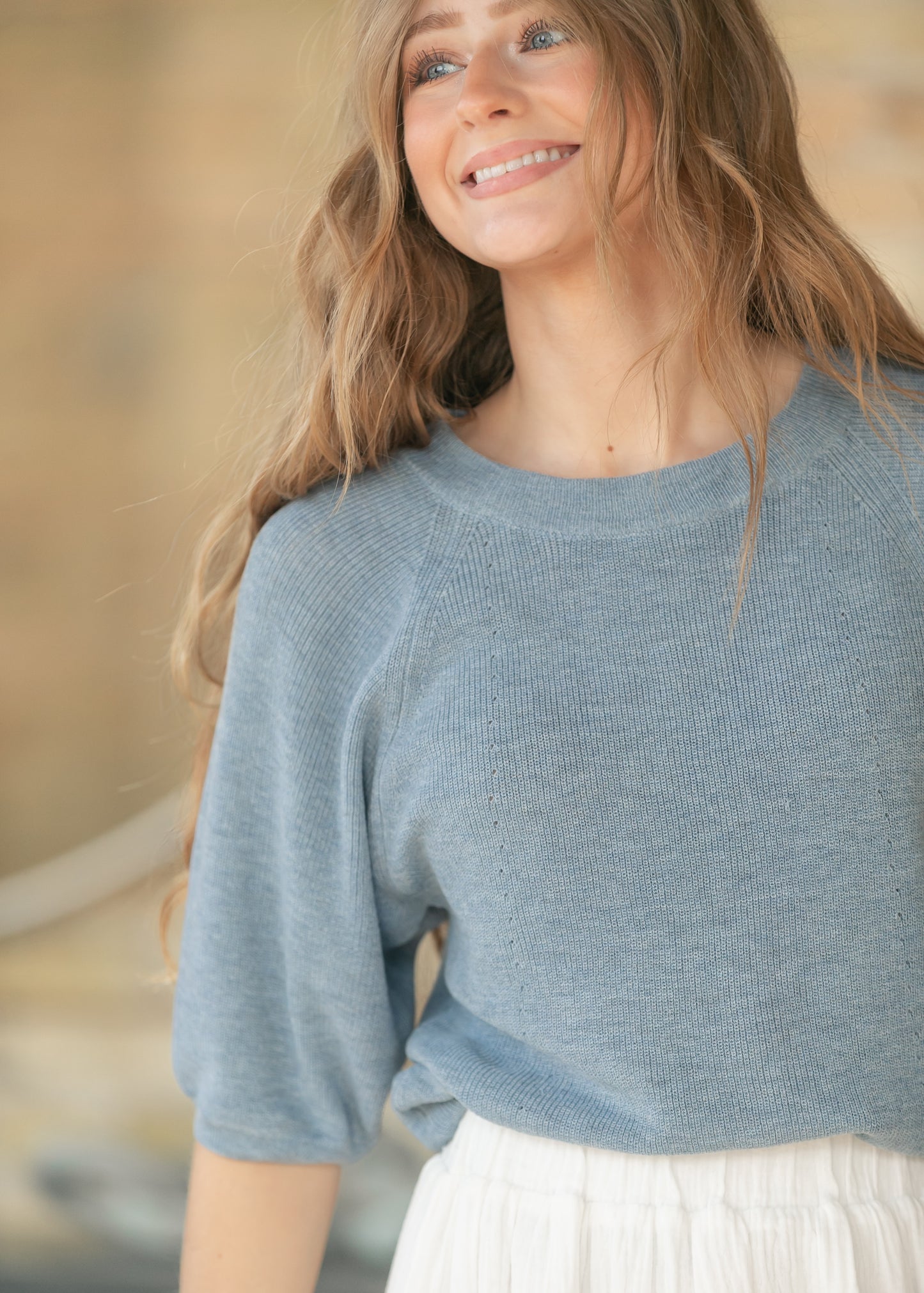 Ribbed Knit Blue Boxy Tee