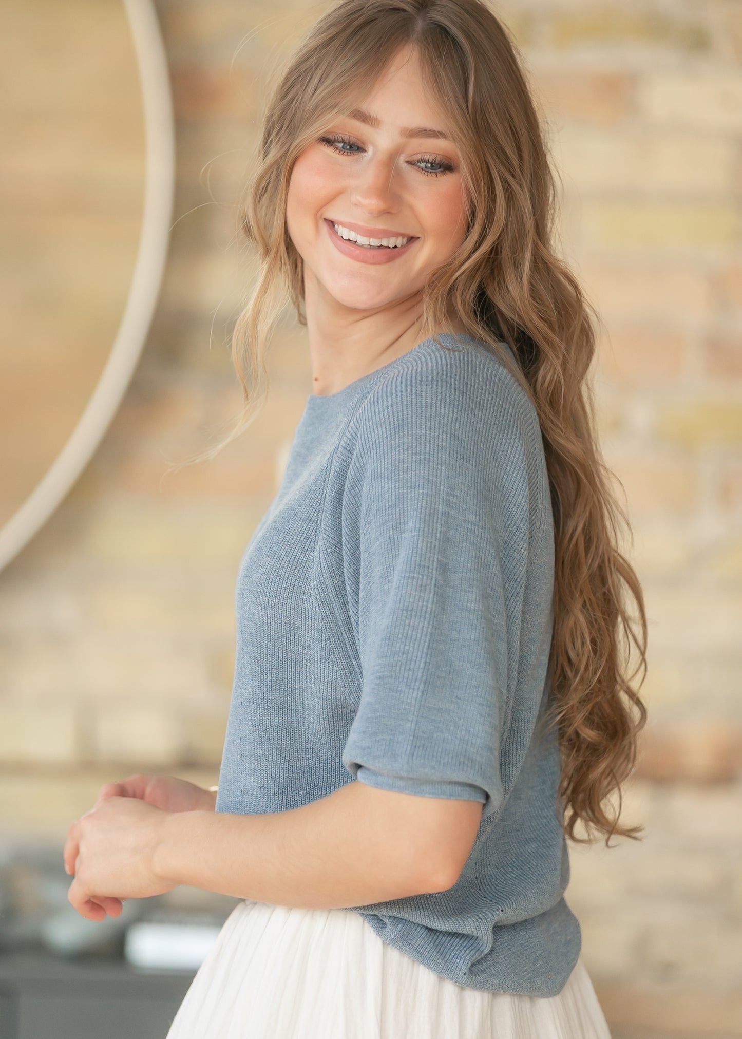 Ribbed Knit Blue Boxy Tee