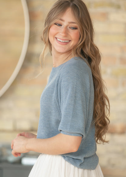 Ribbed Knit Blue Boxy Tee