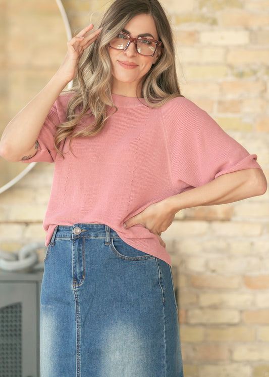 Ribbed Knit Rose Boxy Tee