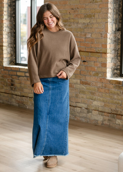 Brown cotton-blend pullover sweater with dropped shoulders, round neckline, and relaxed long sleeves.