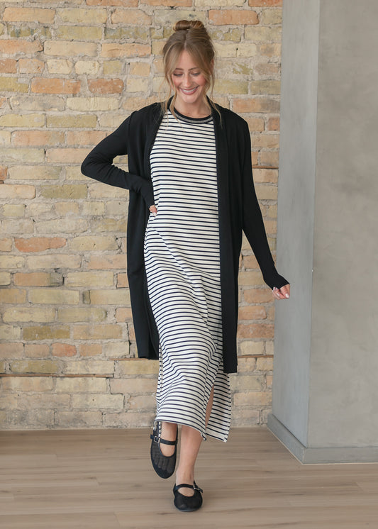 Stripe knit maxi dress layered with black cardigan