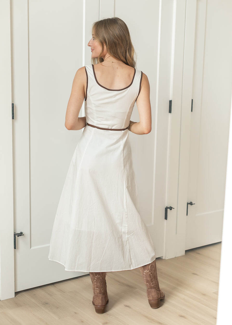 Contrast stitch midi dress with tie waist and decorative button front