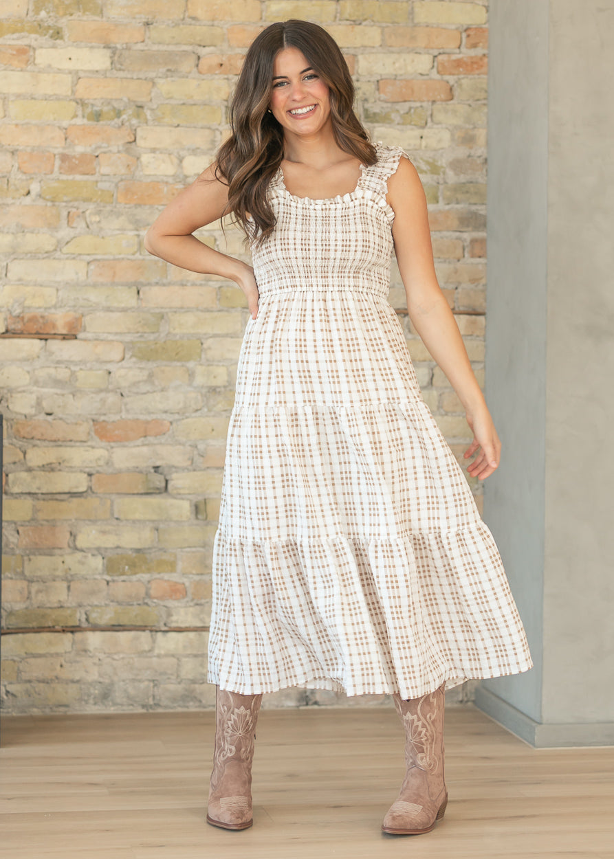 sleeveless smocked ruffle midi dress Sleeveless Plaid Ruffle Strap Midi Dress, Large