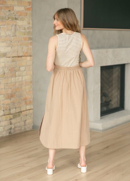 Sleeveless Striped Woven Midi Dress fF Tops