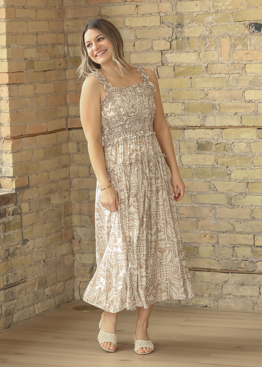 Sleeveless Tile Pattern Ruffle Strap Midi Dress FF Dresses