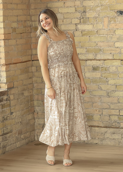 Sleeveless Tile Pattern Ruffle Strap Midi Dress FF Dresses
