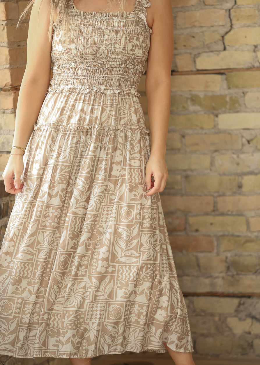 Sleeveless Tile Pattern Ruffle Strap Midi Dress FF Dresses