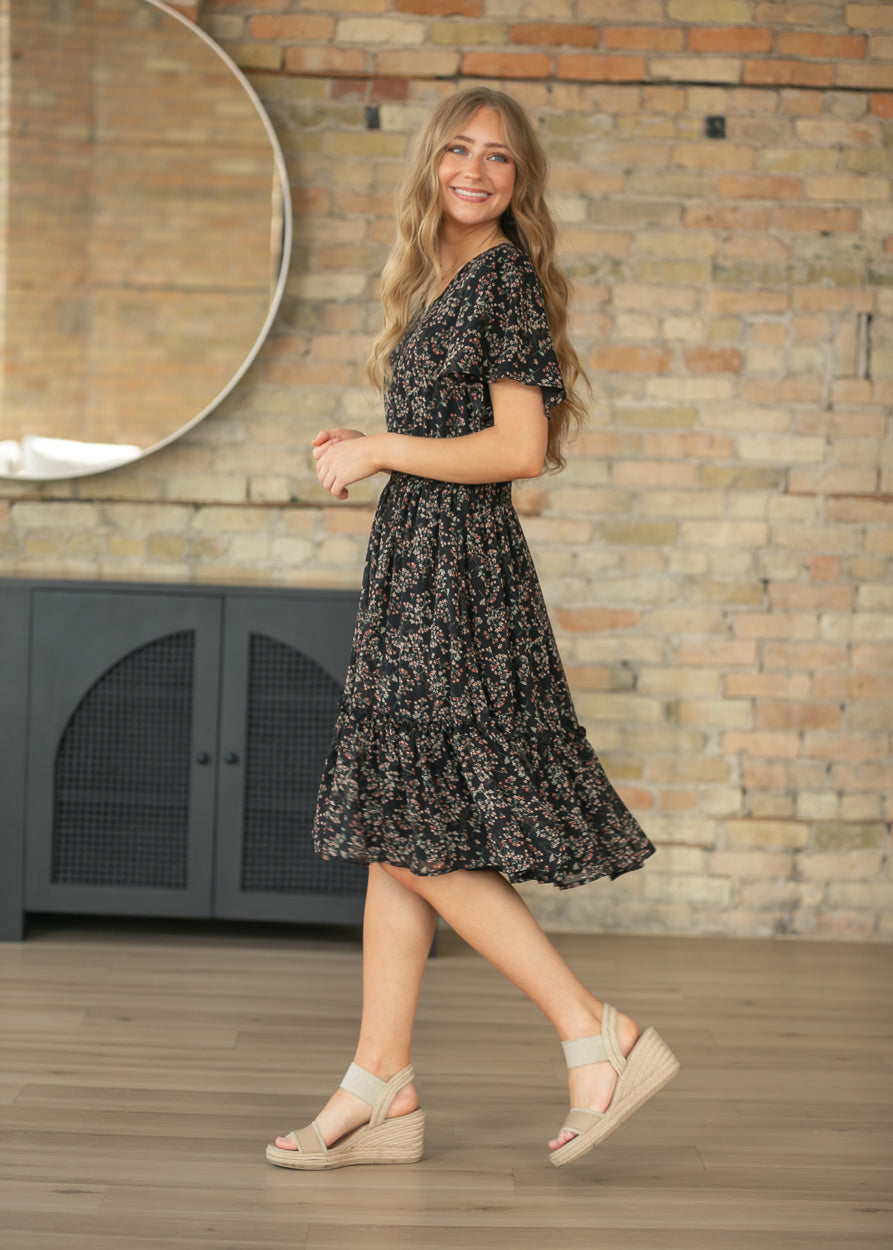 Sophie Black Floral V-Neck Midi Dress