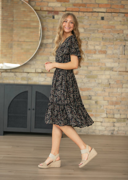Sophie Black Floral V-Neck Midi Dress